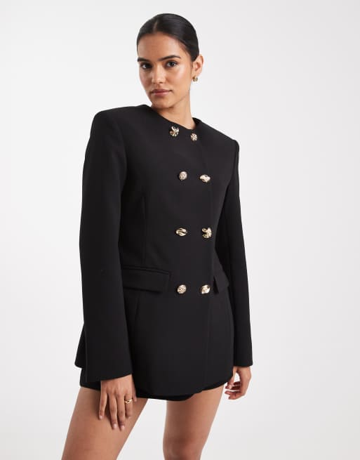 ASOS DESIGN – Dopasowana czarna marynarka z wysokim kołnierzem i zapięciem na guziki w różnych kształtach