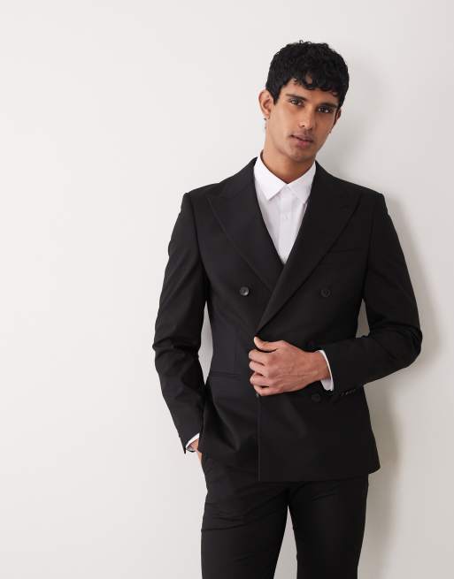 ASOS DESIGN – Czarny garnitur o obcisłym kroju z dwurzędową marynarką z diagonalu, 2 z 3