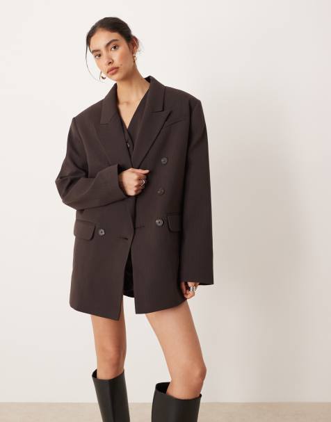 ASOS DESIGN tailored double breasted power shoulder blazer in chocolate pinstripe