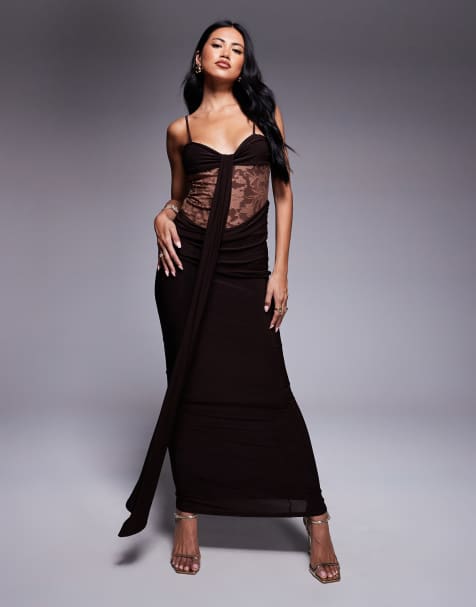 ASOS DESIGN – Dopasowana hybrydowa sukienka maxi w czekoladowym kolorze ze wzorem devore - view 1
