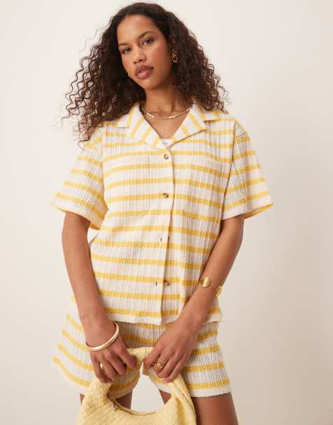 ASOS DESIGN – Dopasowana jasnożółta koszula z dzianiny w paski z kieszenią, część zestawu - view 1