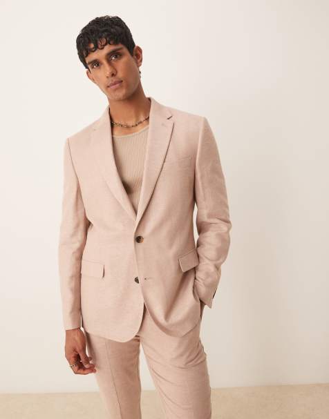 ASOS DESIGN – Dopasowana lniana szarobeżowa marynarka garniturowa we wzór w jodełkę - view 1