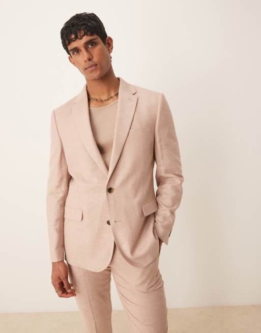 ASOS DESIGN – Dopasowana lniana szarobeżowa marynarka garniturowa we wzór w jodełkę