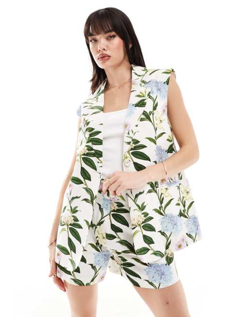 ASOS DESIGN – Dopasowana marynarka bez rękawów z materiału z dodatkiem lnu w kwiatowy wzór
