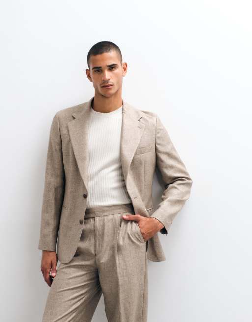 ASOS DESIGN – Brązowy melanżowy garnitur oversize o zwężanym kroju z domieszką lnu, 2 z 3