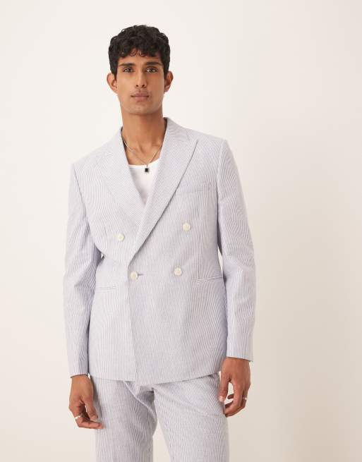 ASOS DESIGN – Dopasowana marynarka garniturowa z mieszanki lnianej w niebieskie prążki