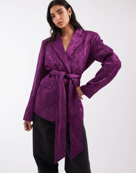 ASOS DESIGN dopasowana marynarka o luźnym kroju bez podszewki z wiązaniem w talii, z fioletowego żakardu - view 1