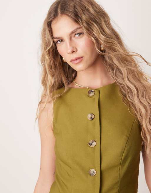 ASOS DESIGN – Dopasowana oliwkowa kamizelka z prostym dekoltem, 2 z 4