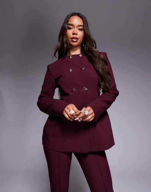 ASOS DESIGN – Dopasowana śliwkowa marynarka z wysokim kołnierzem i zapięciem na różne guziki