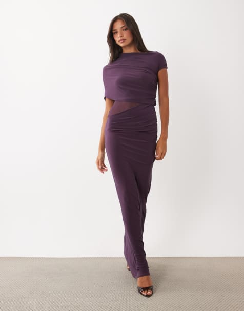 ASOS DESIGN dopasowana sukienka kolumnowa z drapowaniem i wycięciem z siateczki w kolorze śliwkowym - view 1