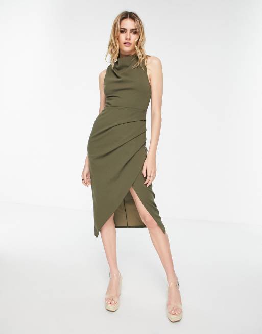 ASOS DESIGN – Dopasowana sukienka midi w kolorze khaki | ASOS