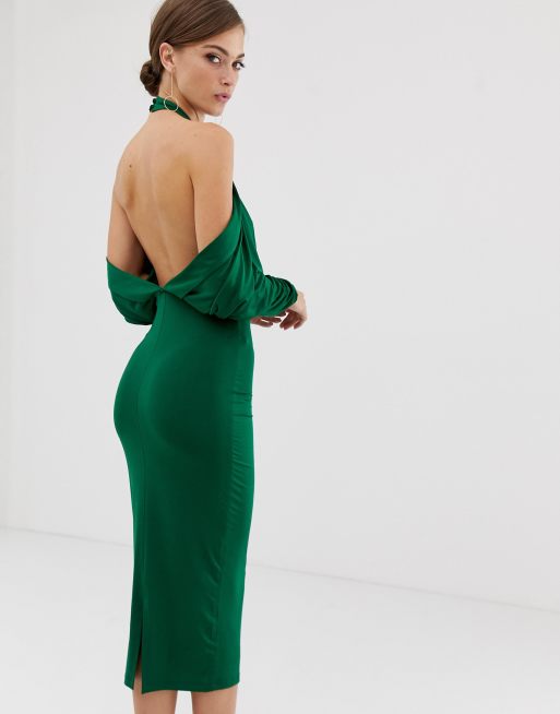 ASOS DESIGN – Dopasowana sukienka midi wykończona wysoko pod szyją z fasonem z odkrytymi plecami i rękawami w stylu bluzy