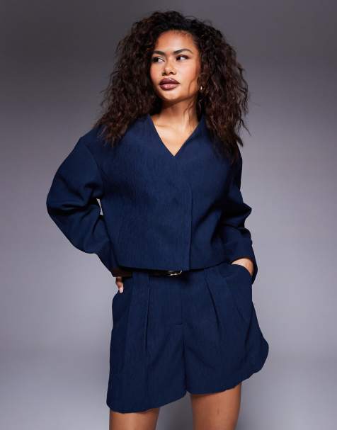 ASOS DESIGN tailored cropped textured blazer co-ord in navy