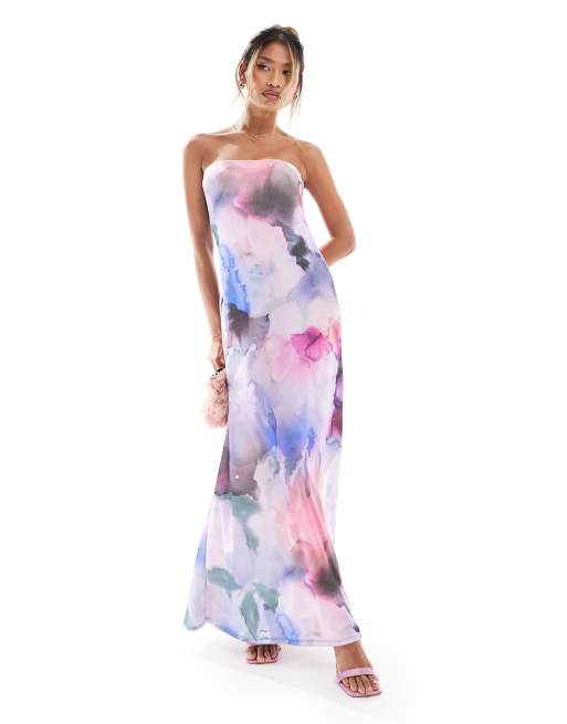 ASOS DESIGN – Dopasowana u góry sukienka midi z dekoltem bandeau i rozszerzanym dołem w akwarelowy wzór