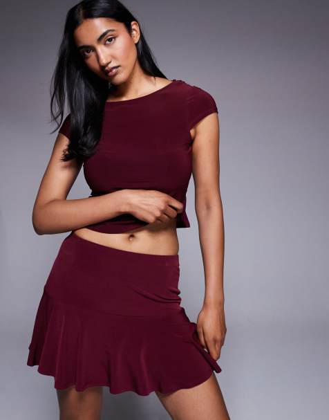 ASOS DESIGN co-ord slinky flippy mini skirt in burgundy