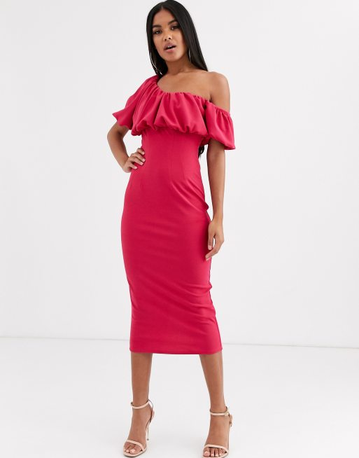 ASOS DESIGN – Dopasowana sukienka midi z odkrytym ramieniem i bufkami