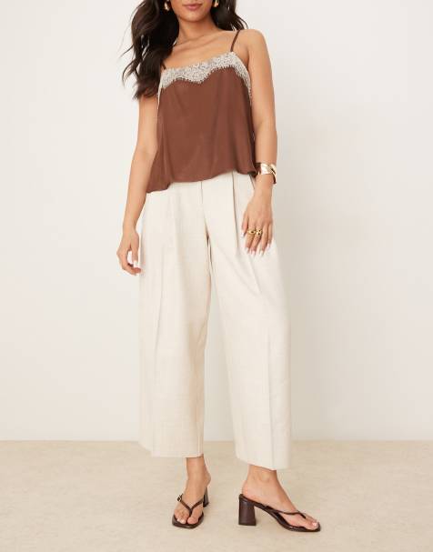 ASOS DESIGN tailored wide leg pleated ankle grazer trousers in beige herringbone