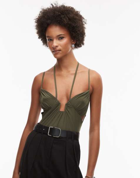 ASOS DESIGN slinky strappy trim detail bodysuit in khaki