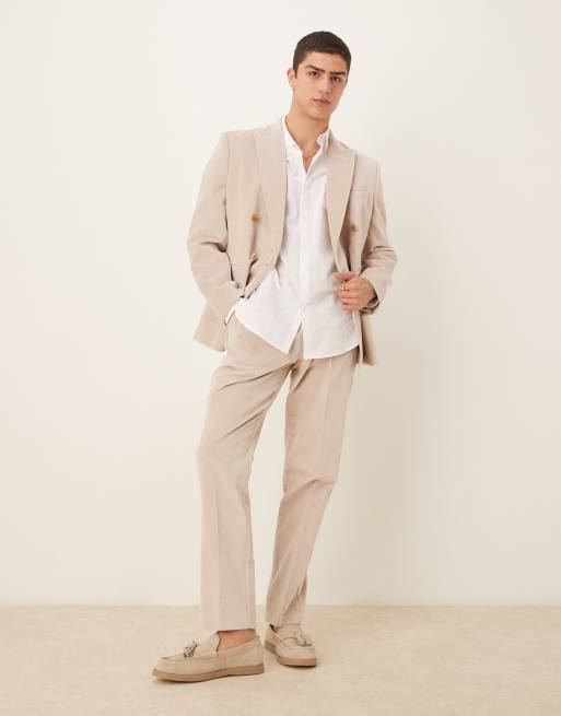 ASOS DESIGN – Dopasowane brązowoszare spodnie garniturowe z bawełnianego aksamitu z zakładkami