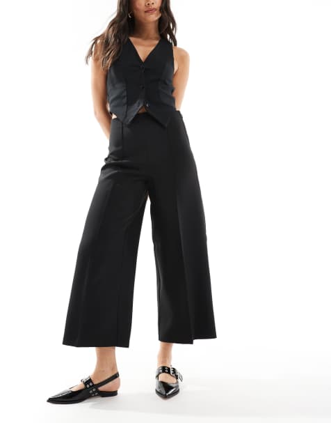 ASOS DESIGN tailored clean ankle grazer wide leg trousers in black