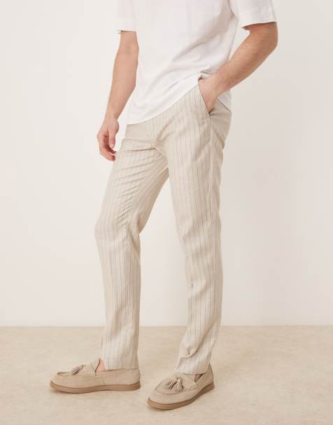 ASOS DESIGN smart slim fit linen blend trousers in cream pinstripes