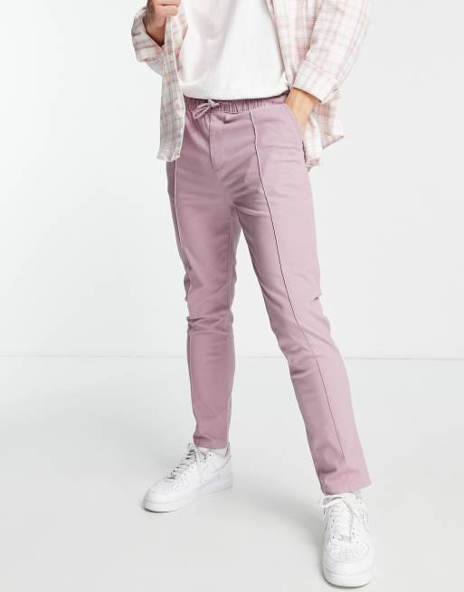 ASOS DESIGN – Dopasowane, fioletowe chinosy z ozdobnymi zakładkami i elastyczną talią