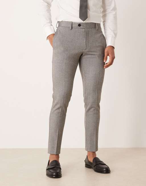 ASOS DESIGN – Dopasowane flanelowe spodnie garniturowe w kolorze szarym w jodełkę, 2 z 5