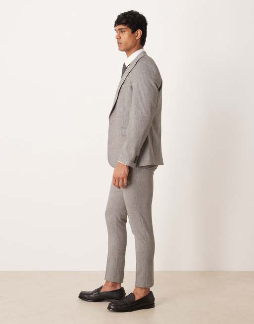 ASOS DESIGN – Dopasowane flanelowe spodnie garniturowe w kolorze szarym w jodełkę, 3 z 5