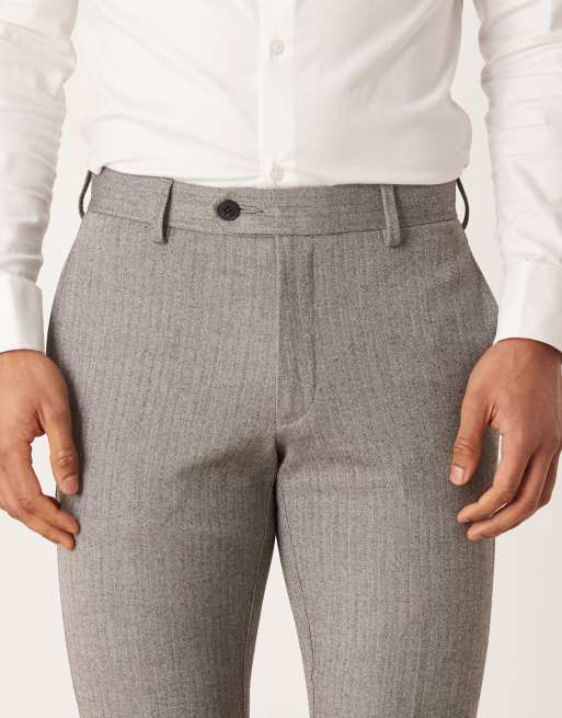 ASOS DESIGN – Dopasowane flanelowe spodnie garniturowe w kolorze szarym w jodełkę, 5 z 5