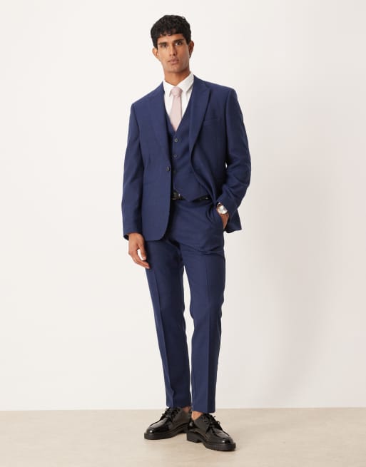 ASOS DESIGN – Granatowy dopasowany garnitur z mieszanki wełny w jodełkę, 4 z 4