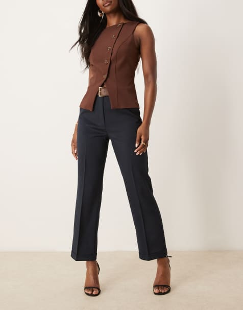 ASOS DESIGN tailored slim straight trousers with belt in navy