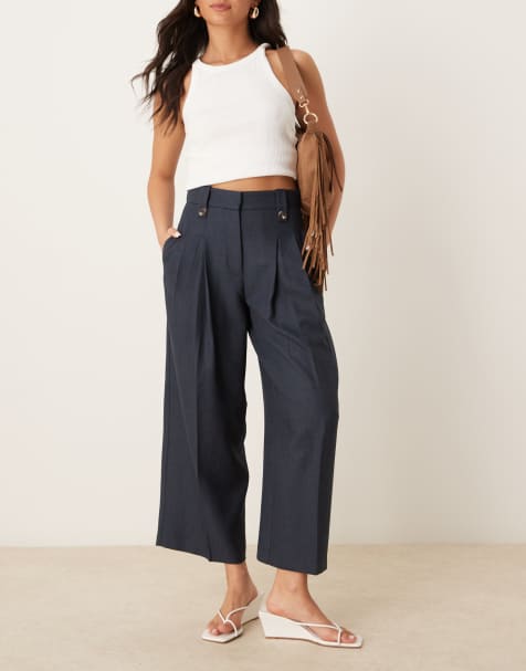 ASOS DESIGN tailored wide leg pleated ankle grazer trousers in navy herringbone