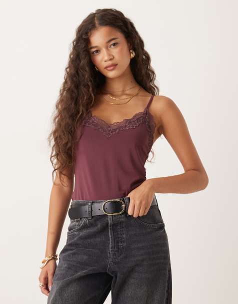 ASOS DESIGN slinky lace trim bodysuit in berry