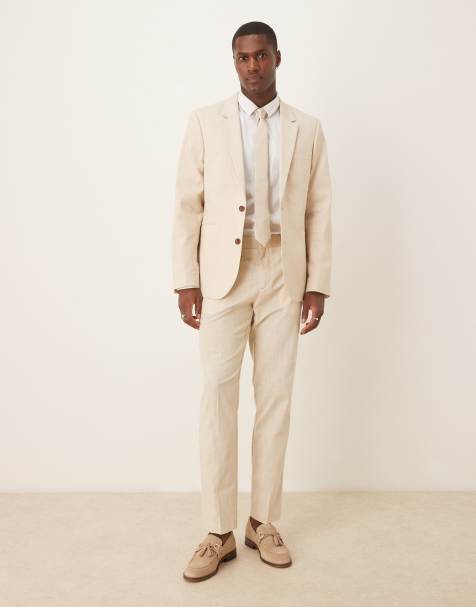 ASOS DESIGN linen look slim suit trousers with front pleat in stone