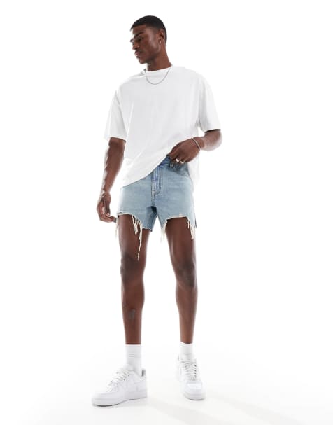 ASOS DESIGN – Dopasowane krótkie szorty jeansowe w jasnoniebieskim kolorze z przetarciami - view 1