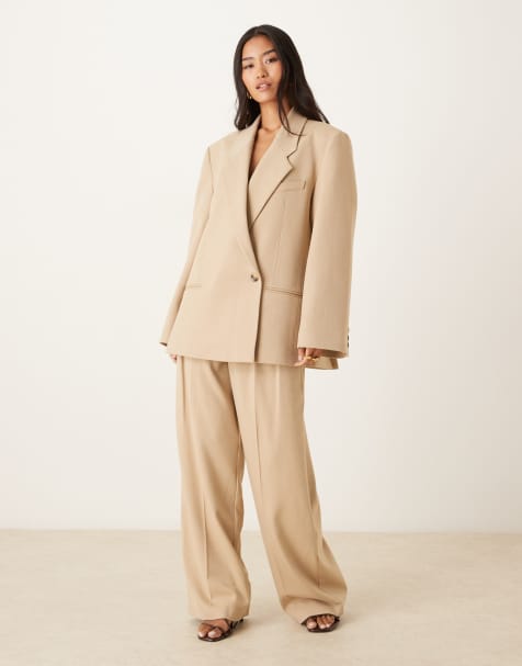 ASOS DESIGN tailored wide leg trousers with tab detail trousers in sand