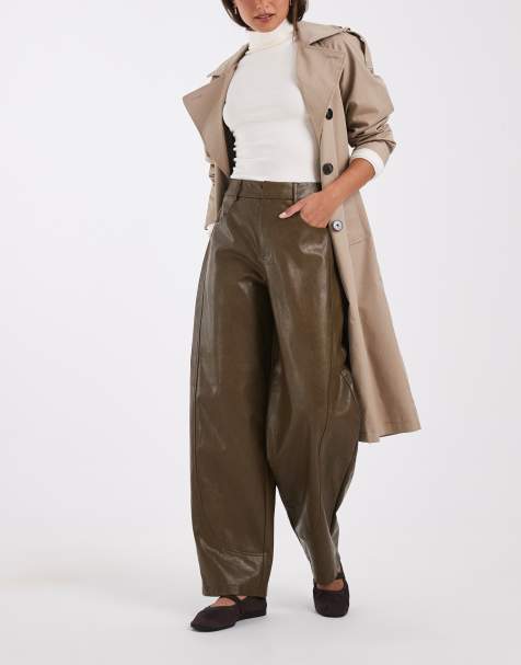 ASOS DESIGN Dopasowane spodnie barrel z imitacji skóry w kolorze khaki - view 1