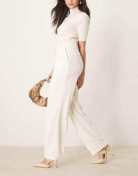 ASOS DESIGN tailored straight leg trousers with gold button detail in off white