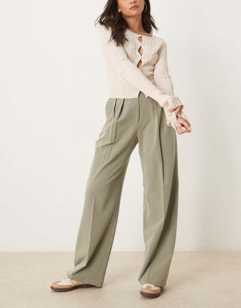 ASOS DESIGN tailored wide leg trousers with pleat detail in khaki