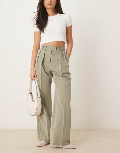 ASOS DESIGN tailored wide leg trousers with pleat detail in khaki