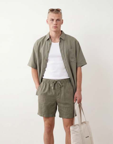 ASOS DESIGN – Dopasowane średniej długości szorty w kolorze khaki, 100% len, część zestawu - view 1