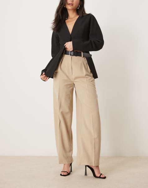 ASOS DESIGN tailored relaxed trousers with faux leather belt in stone