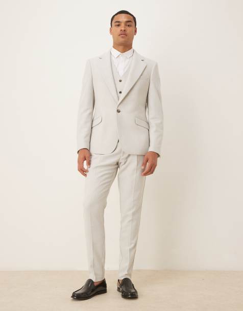 ASOS DESIGN – Dopasowany jasnoszary garnitur z mieszanki wełny we wzór w jodełkę - view 1