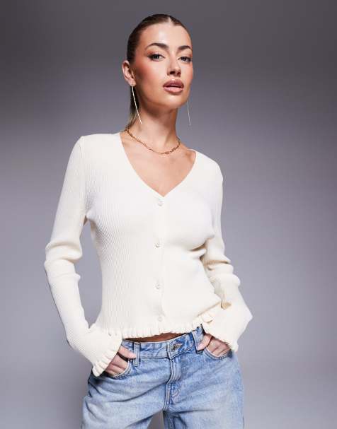 ASOS DESIGN neat fit cardigan with frilled hems in ecru