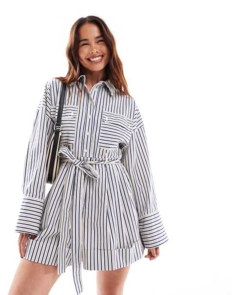ASOS DESIGN – Dopasowany krótki kombinezon z szortami i koszulą z szerokimi rękawami w niebieskie paski - view 1