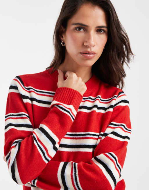 ASOS DESIGN dopasowany lekki sweter z okrągłym dekoltem w czerwone paski, 4 z 4