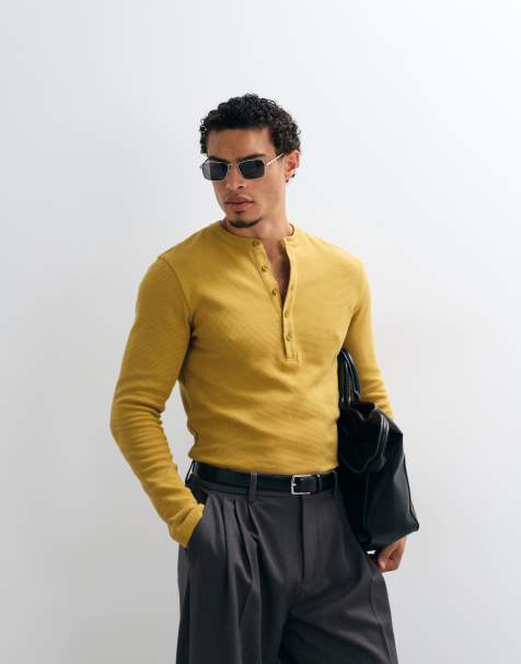 ASOS DESIGN dopasowany T-shirt z długim rękawem z henley w żółtą waflową fakturę - view 1