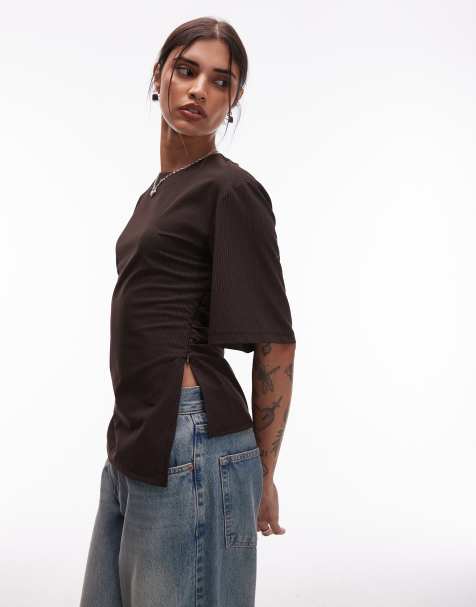 ASOS DESIGN tailored cinch waist t shirt in mocha pinstripe