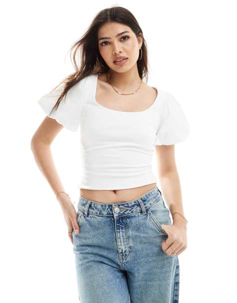 ASOS DESIGN fitted scoop neck top with  volume poplin sleeves