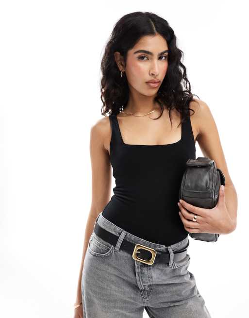 ASOS DESIGN – Doppellagiger Baumwoll-Body in Schwarz mit U-Ausschnitt